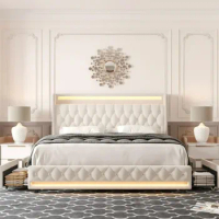 Queen Size Bed Frame LED Tufted Upholsted Platform White 4 Storage Drawers, adult and teenage beds, double beds, single beds