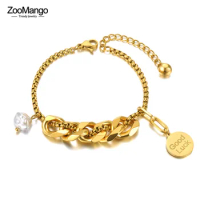 ZooMango Fashion Stainless Steel Good Luck Tag Charm Bracelets For Women Girls Bohemia Pearl Chain Link Bracelet Jewelry ZB21097