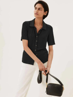 เสื้อเบลาส์ Jersey Ribbed Collared Short Sleeve Shirt รุ่น T4378200Y0