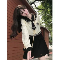 2022春季韓式學院風jk制服套裝女日系學生減齡海軍風百褶裙兩件套