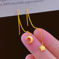 Pure 18K Gold Star Moon Earline Earrings for Women Wedding 999 Gold Color Trendy Long Tassels Earrings Fine Jewelry Gifts