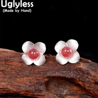 Uglyless Ethnic Thai Silver Flower Studs Earrings for Women Real 925 Sterling Silver Floral Earrings Natural Agate Brincos E1549