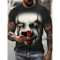 Baju-T Lelaki, Corak Badut, Gaya Seram, Lengan Pendek, Bercetak 3D, Tee Lelaki Keganasan Jalanan, Sa