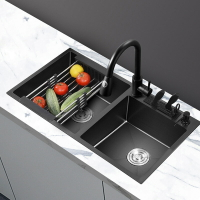 免運 不鏽鋼水槽 廚房黑色304不銹鋼雙槽水槽大單槽洗菜槽臺上盆加深加厚洗碗水槽 可開發票