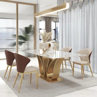 Luxury Villa Dining Room Swan Shape Rectangular Island Table 1.8m 6 Chairs Set Golden Creative Desig