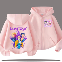 โค้ตมีฮู้ด K-pop Demon Hunters สำหรับเด็ก อนิเมะ Huntrix Rumi Zoey เสื้อแจ็คเก็ตซิปแฟชั่นการ์ตูน สำห