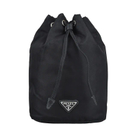 【PRADA 普拉達】PRADA 金屬牌LOGO尼龍束口化妝包(黑)