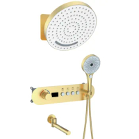 Brushed Gold 4 Functions Bathroom shower faucet set Wall Mounted Brass Thermostatic shower set 320mm Big 2 mode Rain shower head