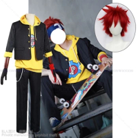 Anime SK8 The Infinity Reki Cosplay Costume Yellow Hoodie Sweatshirt Jacket SK Eight Cosplay Skateboard Outfit Kyan Reki Wig Set