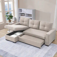Modern 91.7” Pull-Out Sleeper Bed, L-Shape 3-Seater Modular Fabric Convertible Reversible Sleeper Sectional Sofa Couch
