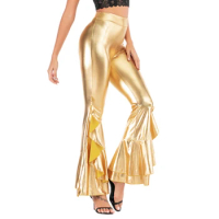Sexy Womens Metallic Ruffle Flared Pants Disco Dance Performance Costumes Fashion High Waist Bell-Bottomed Solid Color Trousers