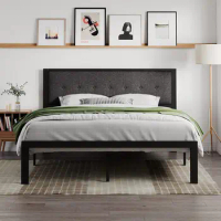 King Size Bed Frame with Upholstered Button Tufted Square Stitched Headboard for indoor bedroom furniture