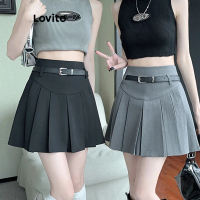 Lovito - กระโปรงพลีทธรรมดาสำหรับผู้หญิง ลำลอง lna27405 (สีเทา/ดำ) Lovito