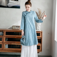 春秋裝新款大碼女裝文藝復古繡花棉麻連衣裙中式禪服茶服長袍