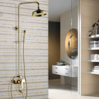Shower Faucets Gold Brass Bathroom Shower Mixer Tap Faucet Set Rain Shower Head Round Wall Mounted Bathtub Faucet zgf301