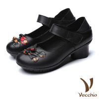 【Vecchio】真皮跟鞋 粗跟單鞋/真皮復古中國風結釦造型粗跟單鞋(黑)