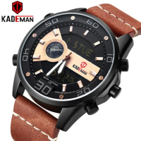 KADEMAN New Sports Watch Men Luxury World Time Casual Leather Watch 3ATM LED Display Wristwatch TOP Brand Military Clock Relogio
