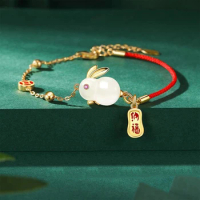 Natural Hotan Jade Rabbit Bracelet For Women Exquisite Charm Classic Red Rope Design Bangles Light Luxury Jewelry Gifts