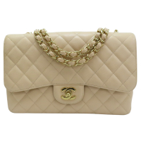 【二手名牌BRAND OFF】CHANEL 香奈兒 米色 菱格紋 荔枝紋 牛皮 Jumbo 鍊帶 肩背包 金扣
