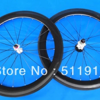 Full Carbon Road Bike Clincher Wheelset 700C - 60mm - black spoke - white hubs