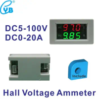 DC Hall Voltage Ammeter DC 20A DC 5-100V Two Wires LED Digital Volt Amp Meter Current Monitor Amperemetre with Hall Transformer