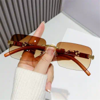 Metal Temples Rimless Cut Edge Sunglasses UV400 Cool Rectangle Sun Glasses Unique Summer Traveling Eyewear
