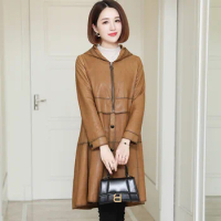Genuine leather coat for women's windbreaker, medium length with hat, Korean version casual fur sheep fur coat, new
