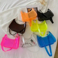 Phone Bag Candy Color Cosmetic Bag Women Crossbody Bag Underarm Bag Female Handbag Shoulder Bag PVC Transparent Bag Jelly Bag