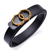 2022 Vintage Women Leather Belt Gold Round Double Bamboo Buckle Genuine Leather Belts For Female Luxury Wild Jeans Waist Strap