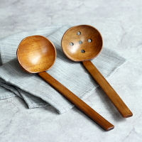 日式家用實木拉麵勺 木質火鍋勺子湯勺漏勺木勺子長柄家用實木撈勺原木餐具 廚房小物