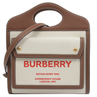 BURBERRY Mini Pocket 帆布直式手提斜背兩用包(咖邊)