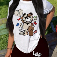 Interesting Puppet Bear Love Me Printing Women T Shirts Two Piece Set Fashion Novel Short Sets Breathable Shirt Shorts Female