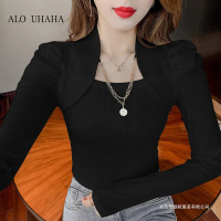 ALO UHAHA Square Neck Fake Two-Piece Puff Sleeve Shirt Base Shirt for Women Spring New Fashionable Y