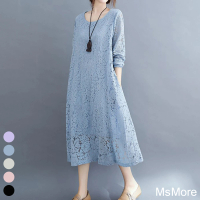 【MsMore】法國香風蕾絲彈力寬鬆長袖洋裝#107461(5色)