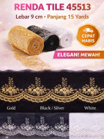 Renda Tile Bordir Premium 42513 – 9cm x 15 Yard | Lace Kebaya Mewah Elegan (Gold / Hitam Silver / Pu