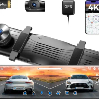 12" 4K WiFi Mirror Dash Cam, Rear View Mirror Camera with GPS, Waterproof Backup Camera, Dual Dash Camera for Cars