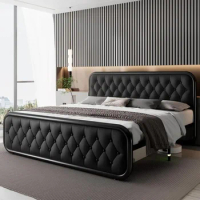 Bed frame Heavy-duty bed frame with faux leather headboard Bedroom furniture 12" under-bed storage Black platform bed
