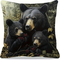 Sarung Bantal Hitam Poliester 17.72x17.72 Inci dengan Reka Bentuk Beruang & Hutan Beri Zip Penutup S