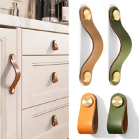2Pcs Brass And Leather Door Handles For Cabinet Wardrobe Drawer Luxury Pull Knobs Furniture Handle Khaki Orange coffee Color