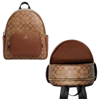 【COACH】金標馬車LOGO三層中大滿版防刮款 透氣後背包-咖啡色(coach 滿版 後背包 女包 女用包包)