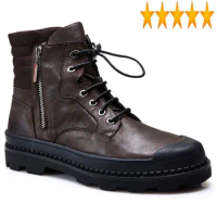 High Winter Up Mens Lace Top Military Ankle Genuine Leather Work Safety Platform Shoes Vintage Warm Fleece Lining Boots
