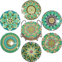 CHENISTORY 6pc/sets Diamond Painting Coasters Green Mandala Gift For Adults Kids Handicrafts Cup Mat Diy Sets Art Easy