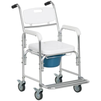 Shower Commode Wheelchair, Transport Beside Commode Chair, Waterproof Rolling Over Toilet Chair with Padded Seat, White