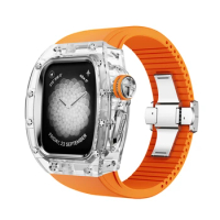 For Apple Watch Accessories K9 Crystal Transparent Case Fluororubber 44/45MM Rubber Strap for 8 7 6 5 4 Se ,orange band