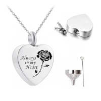 Stainless Steel Heart Shaped Loved Rose Flower Memorial Cremation Ash Urn Pendant Necklace-always in my heart