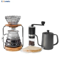 Pour-Over Coffee Set Outdoor Travel Bag With Pour Over Stand Share Pot Glass Grinder Black Steel Coffee Kettle Filter Paper