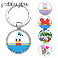 Disney Cute Donald Fauntleroy Duck Daisy glass cabochon keychain Bag Car key chain Ring Holder Charms keychains gift
