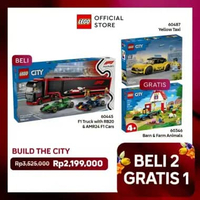 Beli 1 Gratis 2 - LEGO City 60445 F1 Truck with RB20 & AMR24 F1 Cars + LEGO City 60487 Yellow Taxi +