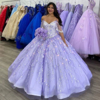 Lilac lavender Appliques Ball Gown Puffy Quinceanera Dresses Lace Applique Sweet 16 Dress Mexican Graduation Prom Gowns