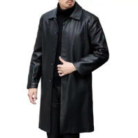 Fleece Lining Jacket Coat Stylish Men's Fleece-lined Leather Windbreaker Lapel Long Sleeve Pockets Ideal Streetwear for Autumn